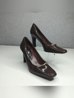 Bandolino Brown Patent Leather Square-Toe Heels with Gold Accent